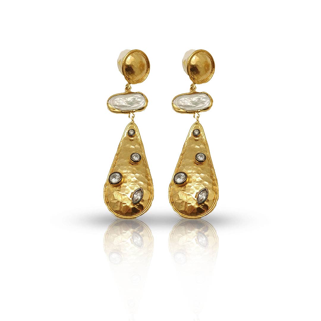Pearl and Diamond Handmade Hammered Earrings