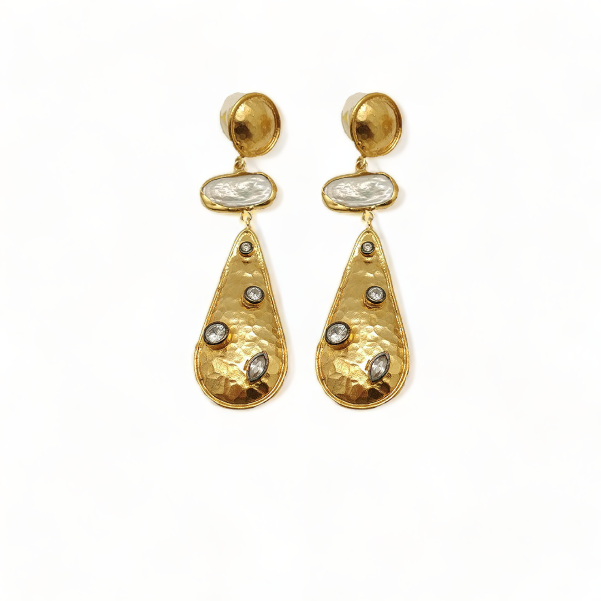 Pearl and Diamond Handmade Hammered Earrings